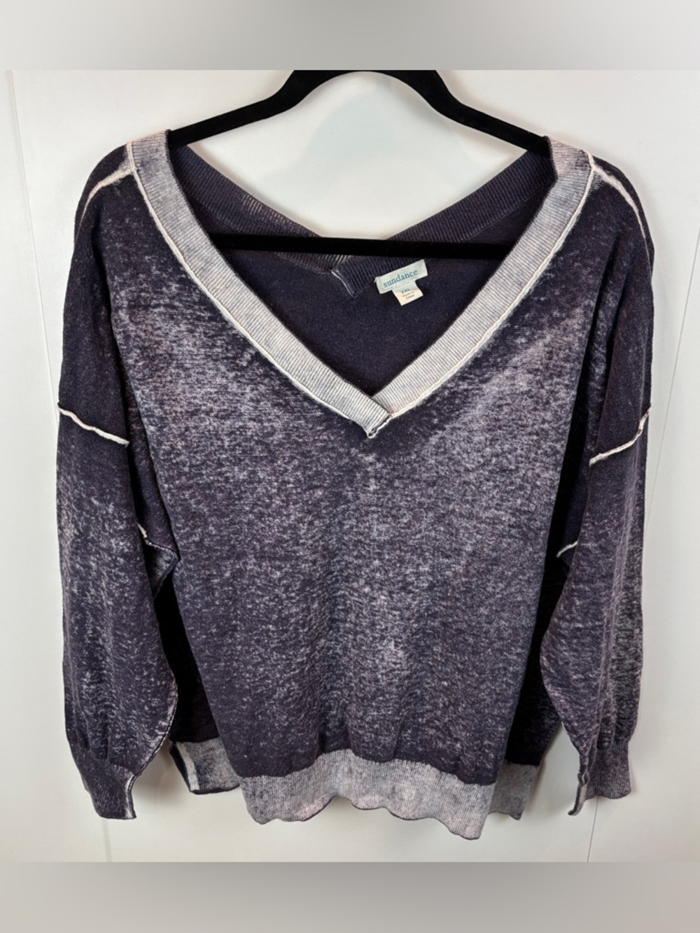 Sundance Burnout V-Neck Sweater Indigo Blue Exposed Seams Cotton Women's XL Top
